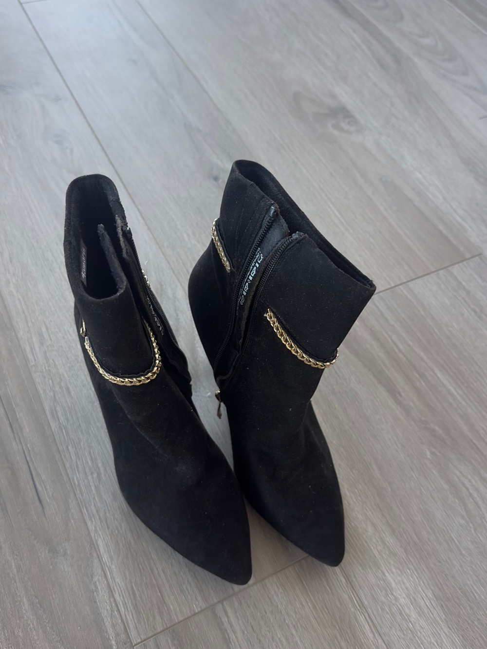 Women's Black Suede Ankle Boots with Gold Chain Accent